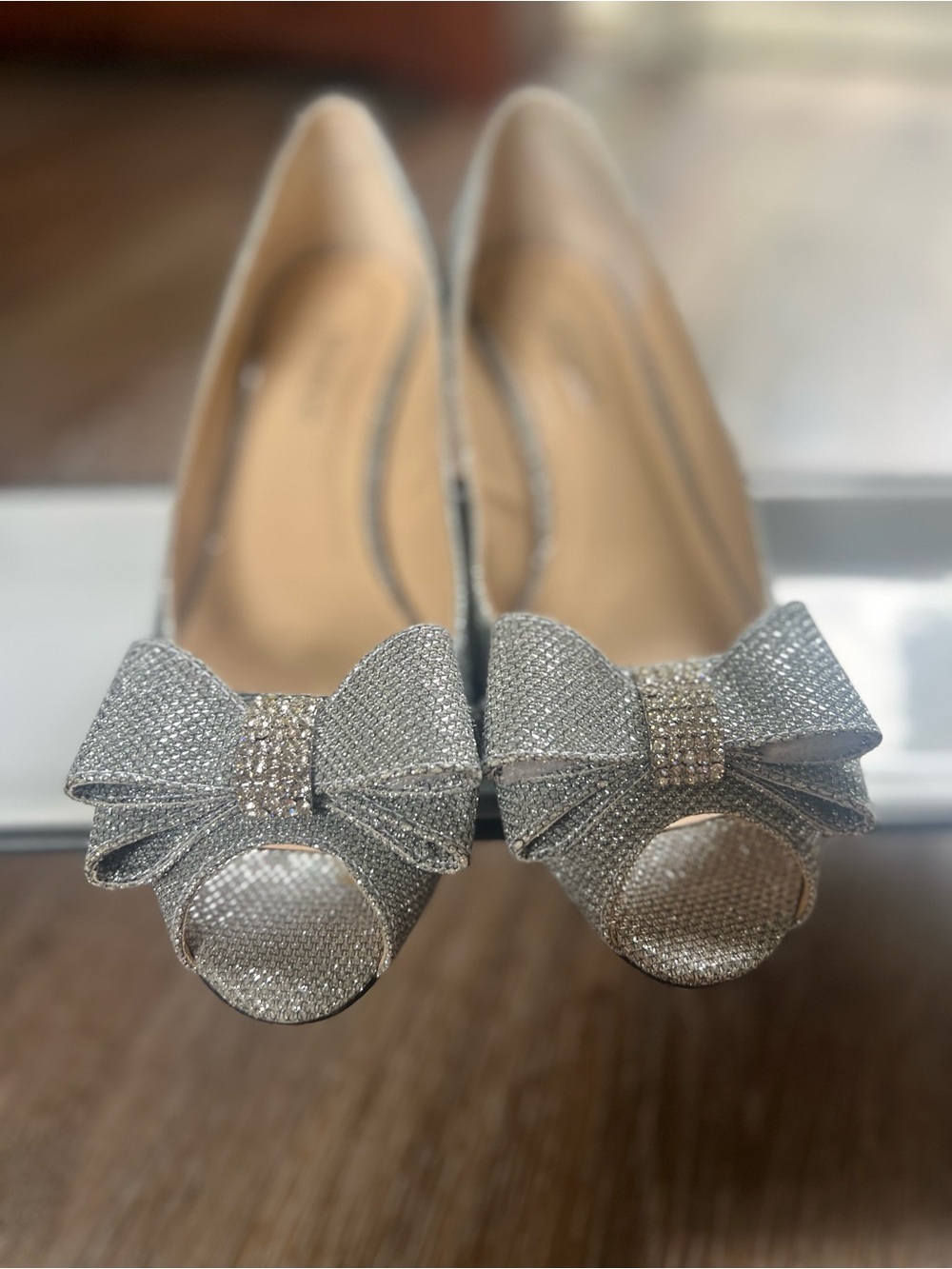 J.Renee Silver Peep-Toe Heels with Sparkling Bow